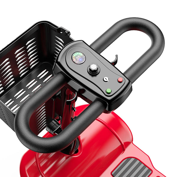New Model Four Wheel Elderly Mobility Scooter control panel with basket and buttons for easy operation.