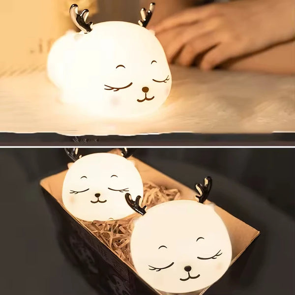 Cute Deer RGB Colorful Pat Control Night Light with soft glow and adorable design, perfect for mood lighting.