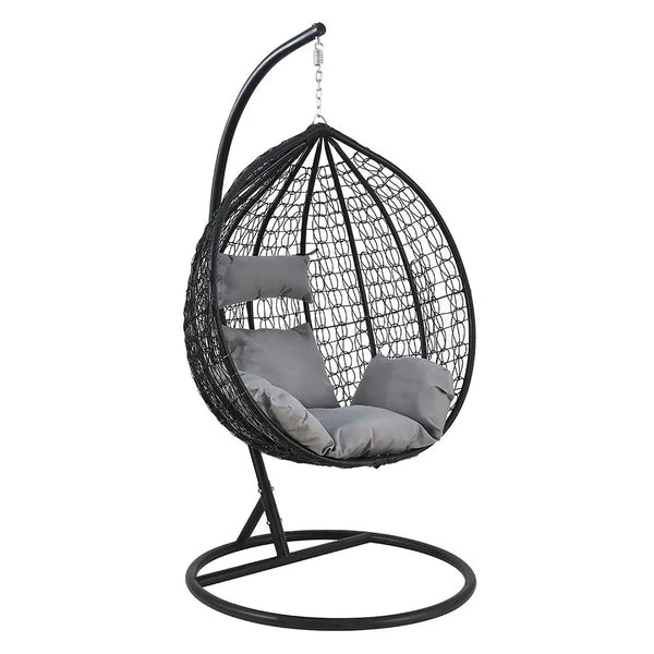 Grey Garden Outdoor Hanging Chair with black woven design and grey cushion, perfect for outdoor relaxation.