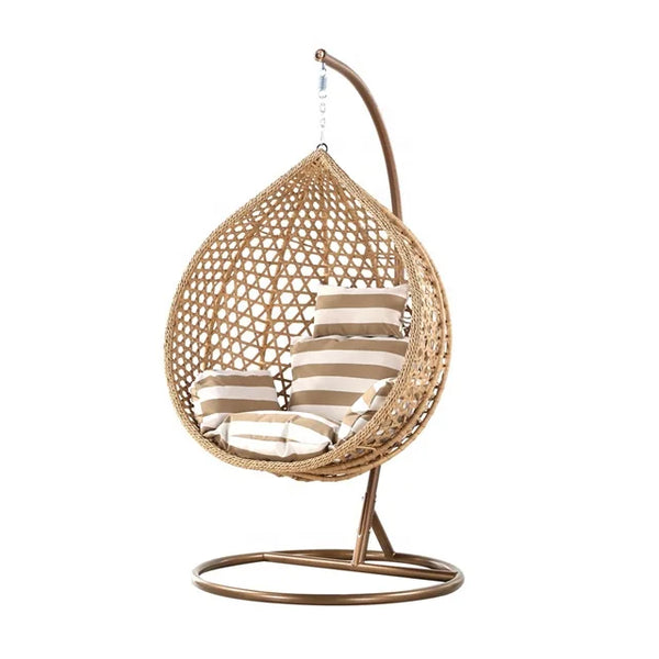 Top Quality Outdoor Magic Rattan Single Sofa Chair hanging in a stylish, modern design with striped cushions.