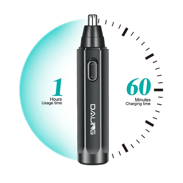 Professional Nose & Ear Hair Trimmer showcasing 1 hour usage time and 60 minutes charging time.