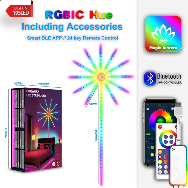 USB Firework LED Night Light with App and Music Sync shown with smart app interface and remote control features.