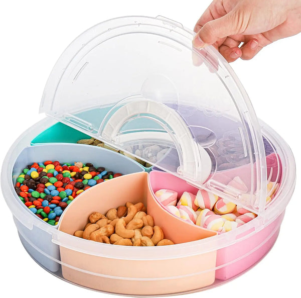 Creative Round Divided Fruit & Snack Serving Tray with compartments for snacks and treats, clear lid in use.