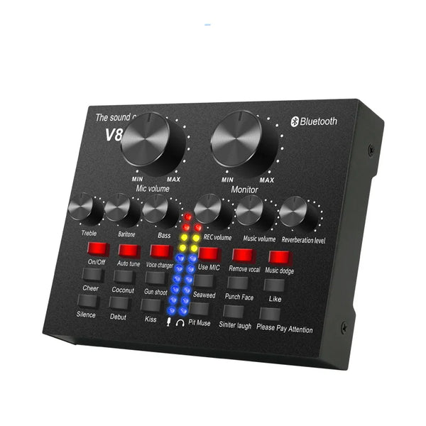 V8S Professional Live Stream External Sound Card with adjustable audio controls and Bluetooth functionality.