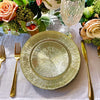 European Style 13-Inch Gold Rim Dinner Plate elegantly arranged on a beautifully set table with floral decor.