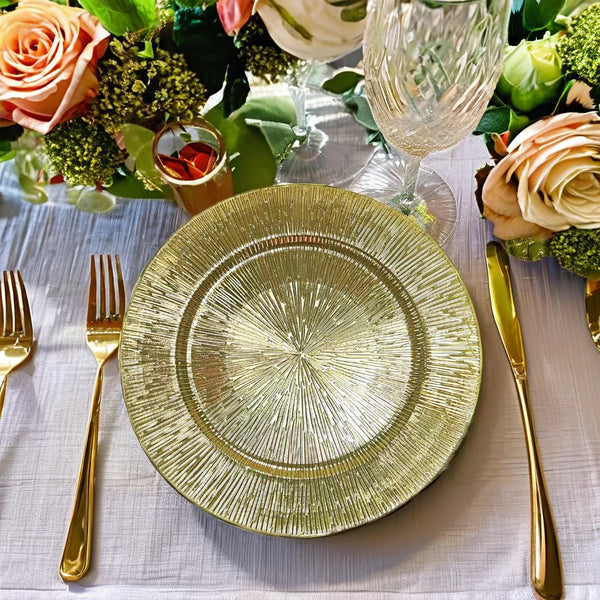 European Style 13-Inch Gold Rim Dinner Plate elegantly arranged on a beautifully set table with floral decor.