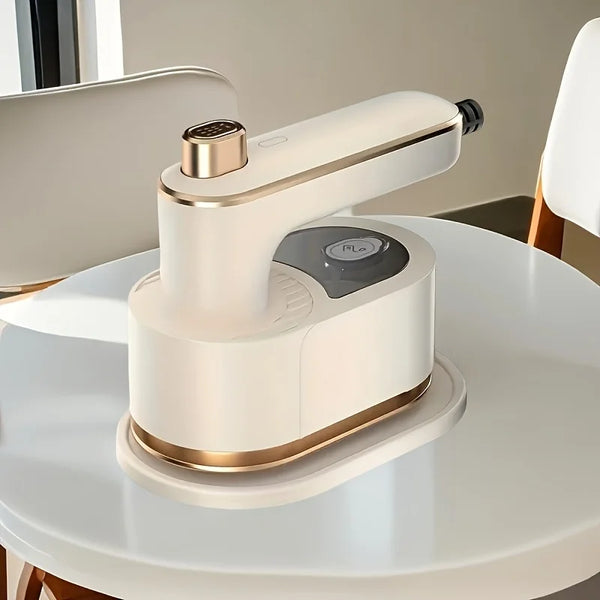 Portable Handheld Garment Steamer on a table, designed for wrinkle-free clothing on the go.