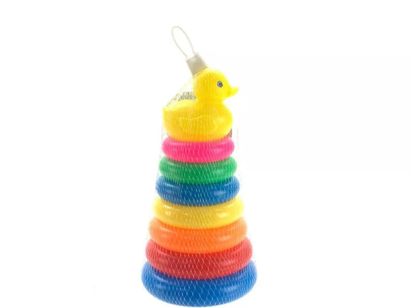 Rainbow Duck Stacking Tower Toy with colorful rings for sensory play and motor skill development.