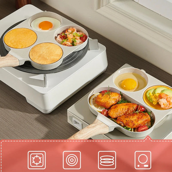 3 Hole Non Stick Die Cast Frying Pan cooking breakfast with three compartments for eggs, pancakes, and meats.