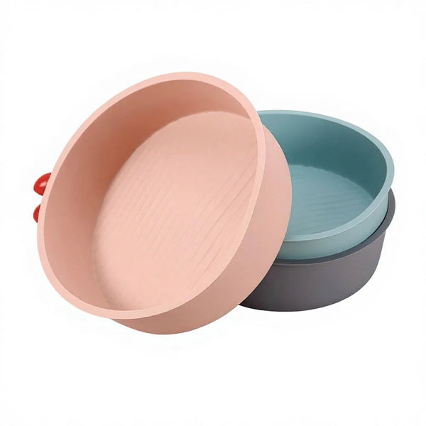 8.8 Inch Round Silicone Cake Baking Pan in pink and blue colors, stacked for easy storage and baking.