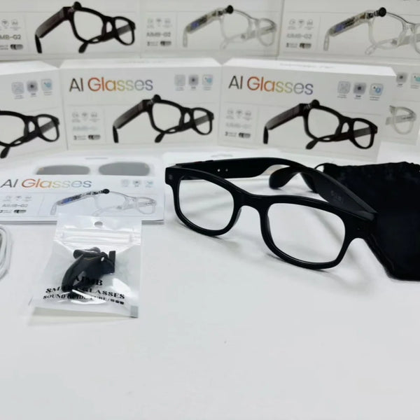 AI Camera Sunglasses with HD Video Recording and accessories displayed on a table.