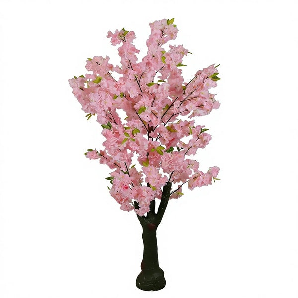 Artificial Silk Cherry Blossom Tree with pink flowers and green leaves for indoor decor.