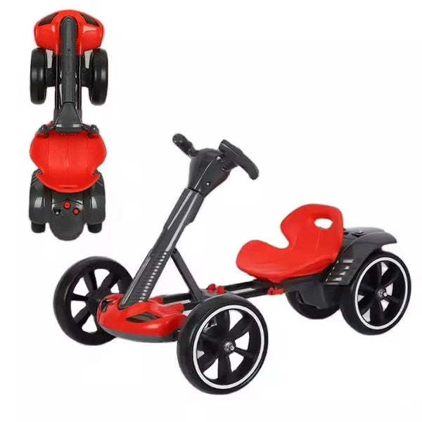 Foldable Children's Electric Four-Wheeler Kart in red color showcasing both front and back views.