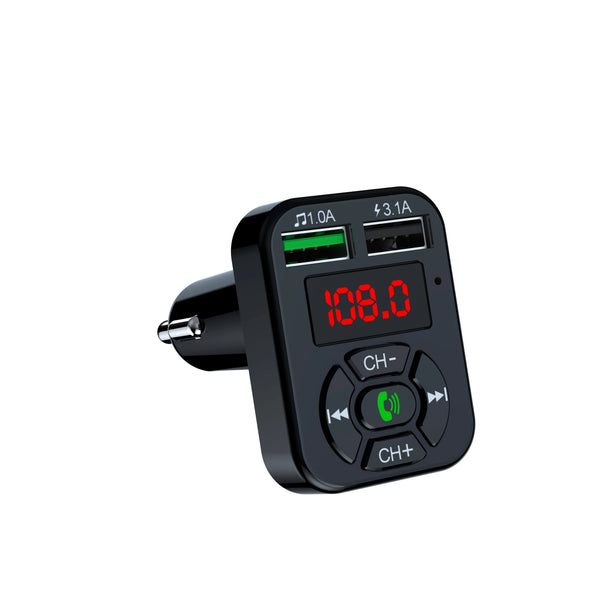 A9 Auto MP3 Player FM Transmitter with USB ports and digital display for car audio systems.