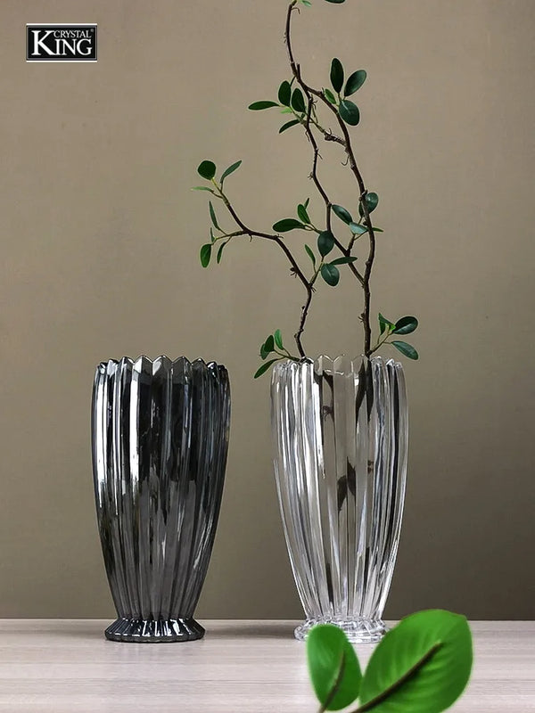 Ribbed Crystal Glass Flower Vase with Scalloped Rim
