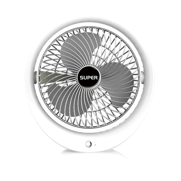 Rechargeable 180 Rotating Desktop USB Fan in white with three metal blades and adjustable speed feature.