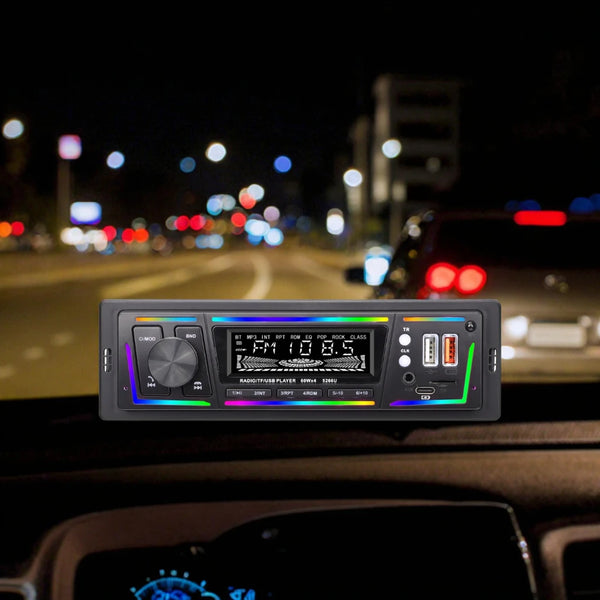 7-Color LED Single DIN Car MP3 Player with Bluetooth displayed in a car at night, showcasing its features.