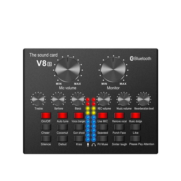 V8S Professional Live Stream External Sound Card control console with volume and sound effect knobs.