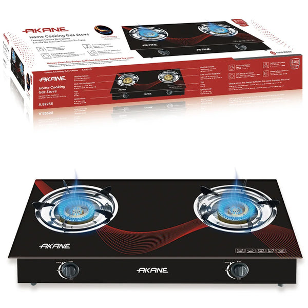 Home Cooking Gas Stove with two burners in action, showcasing stainless steel design and adjustable heat features.