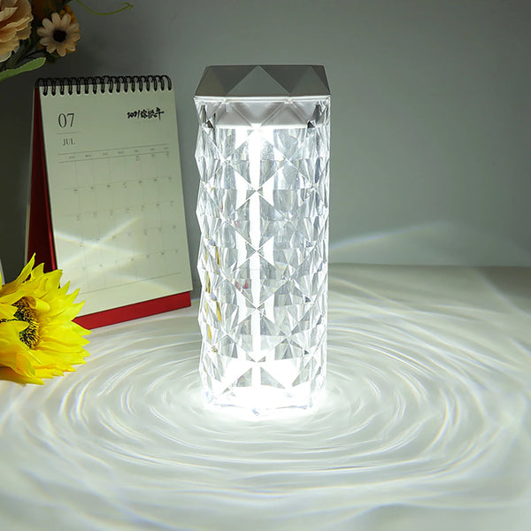 Crystal Table Lamp Air Humidifier with diamond-patterned design casting soft light and creating a cozy atmosphere.