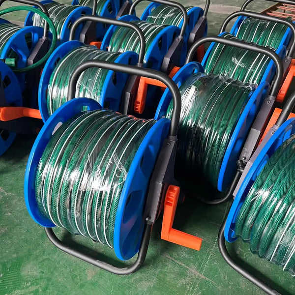 Durable Garden Irrigation Hose Reel with Hose neatly organized and ready for use in a garden setting.