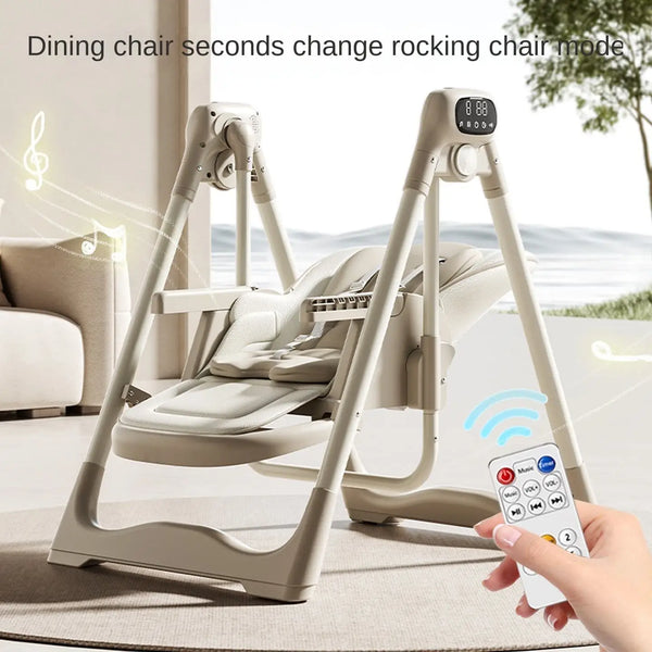 Adjustable Baby High Chair with Swing shown in rocking mode with remote control and adjustable seat features.