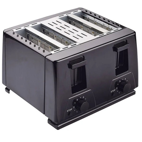 Retro 4 Slices Bread Toaster in sleek black color with wide slots and adjustable controls.