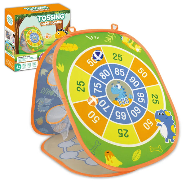 3 in 1 Portable Kids Tossing Game Board visual showing colorful design and compact packaging for kids' entertainment.