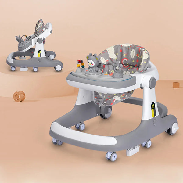 Foldable 3-in-1 Baby Learning Walker with Wheels and Seat for toddlers, featuring a comfortable seat and playful toys.