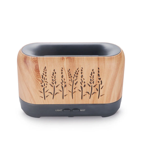 Portable 200ml 3D Warm LED Flame Humidifier Diffuser in a wooden design with light and mist controls.