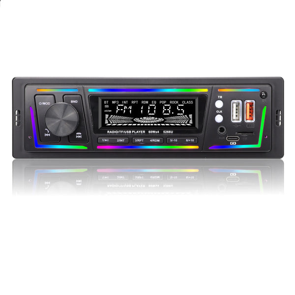 7-Color LED Single DIN Car MP3 Player with Bluetooth in stylish design with USB and FM features.