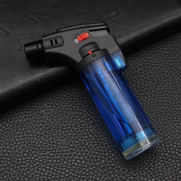 FD999 Modern Transparent Body Plastic Welding Gun on a black surface, featuring a blue transparent body and adjustable flame.