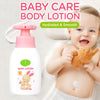 Natural Baby Moisturizing Body Lotion featured on a bottle with a happy baby, promoting hydration and softness.