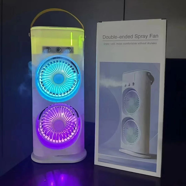 3-in-1 Mini Desktop LED Light Air Cooler Portable Water Mist Fan with dual color fans and mist feature.
