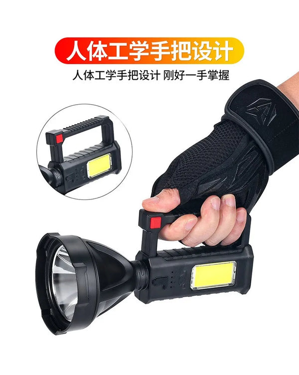 Folding LED Camping Torch Work Lamp with Stand in use, highlighting its ergonomic handle and bright LED light.