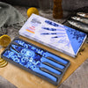 Kitchen Knife Set Color Heat Transfer Pattern Six-Piece Set displayed in a blue floral box on a wooden surface.
