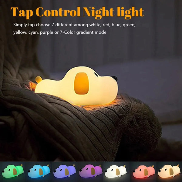 The Lumipets Puppy Night Light showcasing a tap control feature with 7 adjustable colors for a calming bedtime glow.