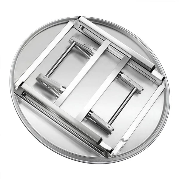 Foldable Stainless Steel Table in a closed position, showcasing its compact design for easy storage.