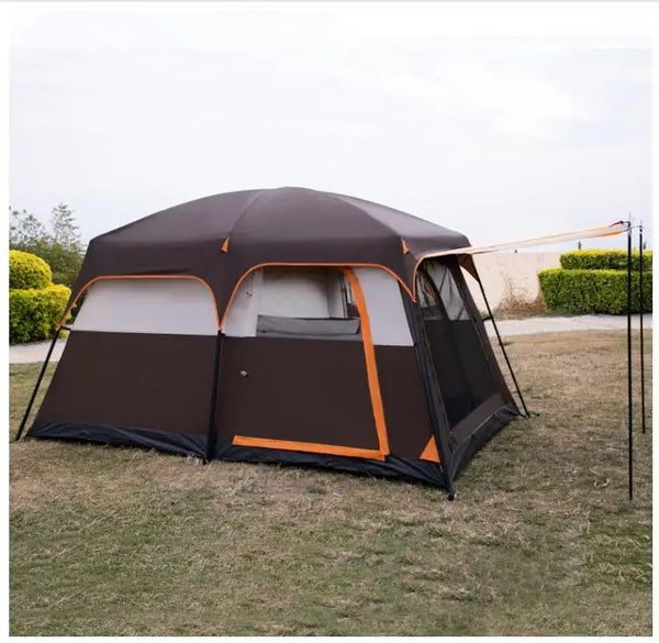 Large 6 Person Family Camping Tent set up on grass, showing spacious design and protective features for camping.