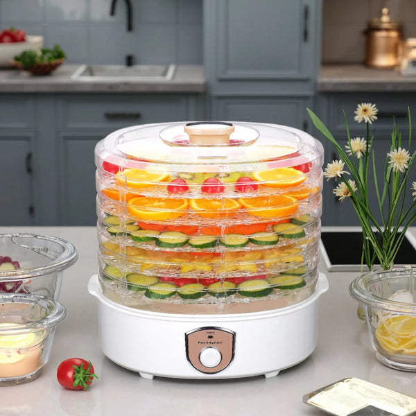 Commercial 5 Tray Food Dehydrator with colorful trays of fruits and vegetables in a modern kitchen setting.
