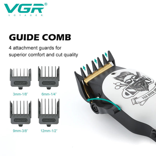 V-699 Professional Electric Hair Clipper showing guide combs with attachment guards for superior cut quality.