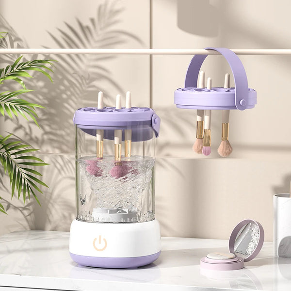 Automatic High-Speed Makeup Brush Cleaner and Dryer displayed with brushes in water, ready for cleaning.
