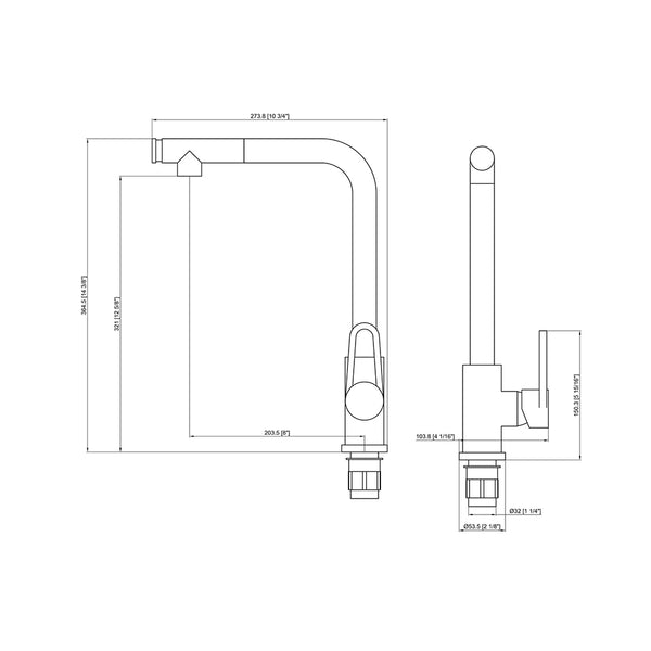 Matte Black Single Handle Kitchen Sink Faucet dimensions and specifications illustration.