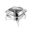 Gold Stainless Steel Square Chafing Dish with Flip Top, elegant buffet display for catering and events.