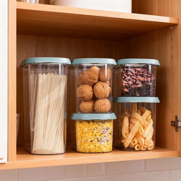 Dry Food Storage Container with Lid for organizing pasta, nuts, dried fruits, and snacks in a kitchen cabinet.