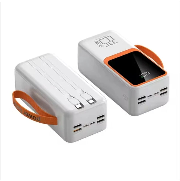 58000mAh Waterproof Power Bank with 22.5W Fast Charging, featuring multiple USB ports and a digital display.