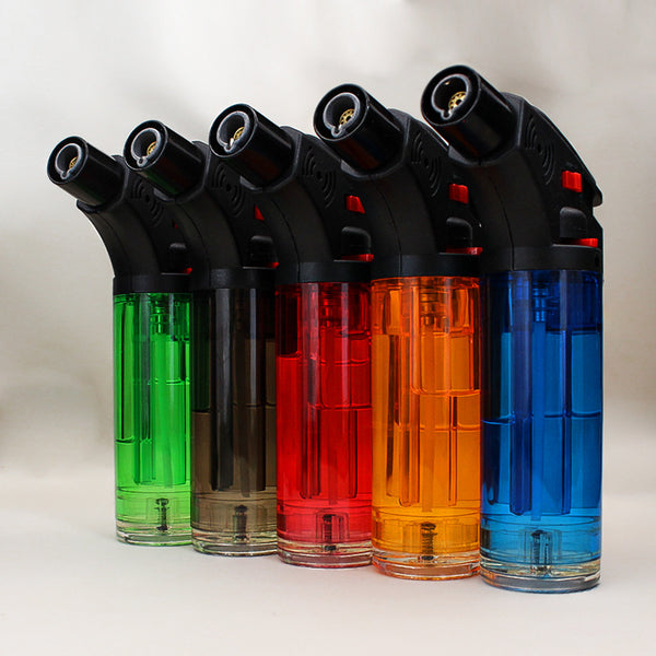 Refillable Butane Jet Torch Lighter 12 Piece Display in various colors including green, red, orange, blue, and black.