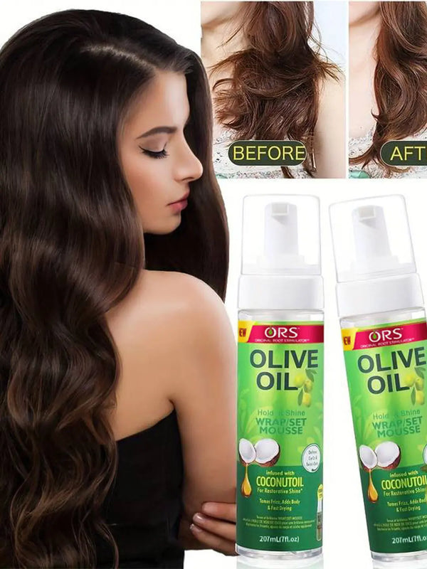 Before and after results using Strong Hold Shine Hair Mousse for defined, frizz-free hair.