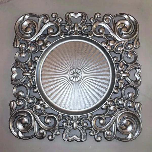 Luxury 12 Inch Eco-Friendly Disposable Round Plate with ornate silver design and polished surface for elegant dining