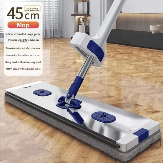Hand Free Microfiber Mop with Foldable Bucket demonstrating its extended large panel for efficient cleaning.